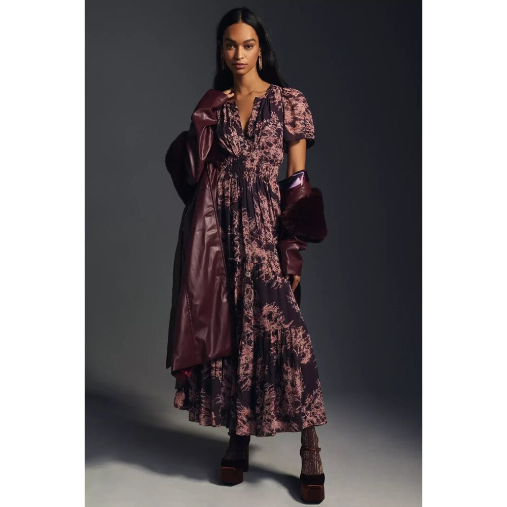 NWT by Anthropologie The Somerset Maxi in Crimson Print Chiffon Edition Dress XS